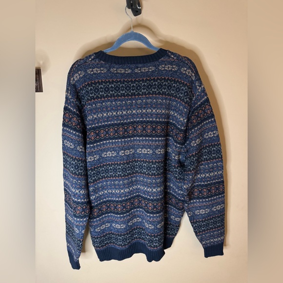 Vtg L.L.Bean Men's XL Cotton Fair Isle Nordic Crewneck Sweater Navy Blue - Picture 3 of 6